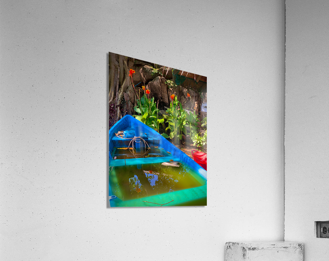 Blue  Green Boat Reflection with Flowers Acrylic Print