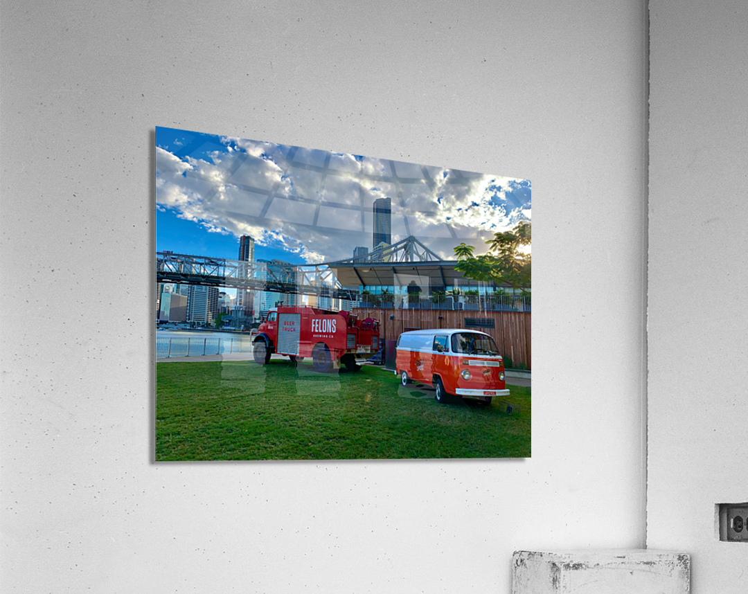 Red Trucks in Front of the Bridge Acrylic Print