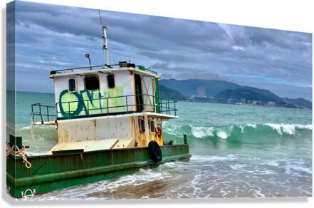 Green Boat on the Beach Canvas Print