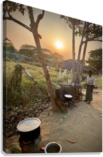 Cooking outside in Myanmar at Sunset Canvas Print