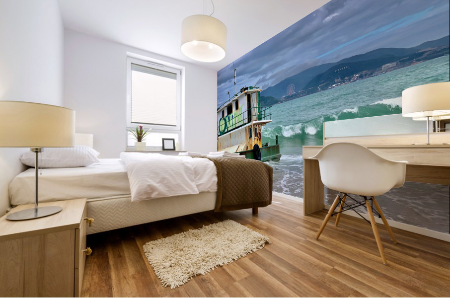 Green Boat on the Beach Mural print