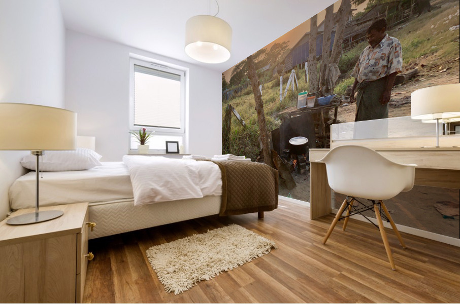 Cooking outside in Myanmar at Sunset Mural print