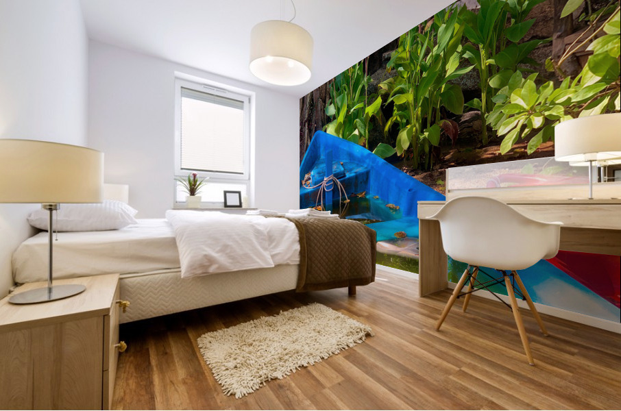 Blue  Green Boat Reflection with Flowers Mural print