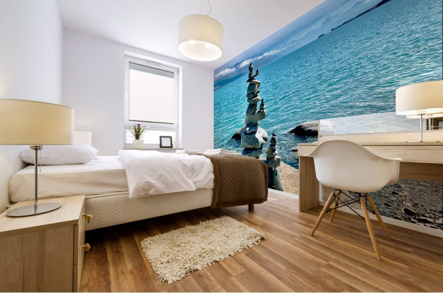 Rock Balancing in Front of the Lake Mural print