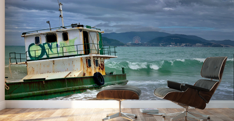 Green Boat on the Beach Wall Murals