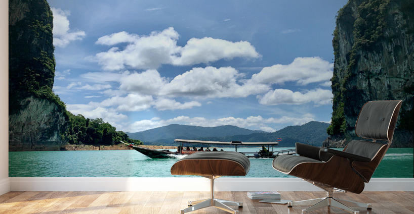 Boat Between Massive Rocks Wall Murals