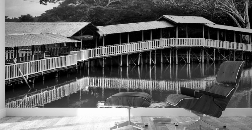 BW Covered Bridge Reflections Wall Murals