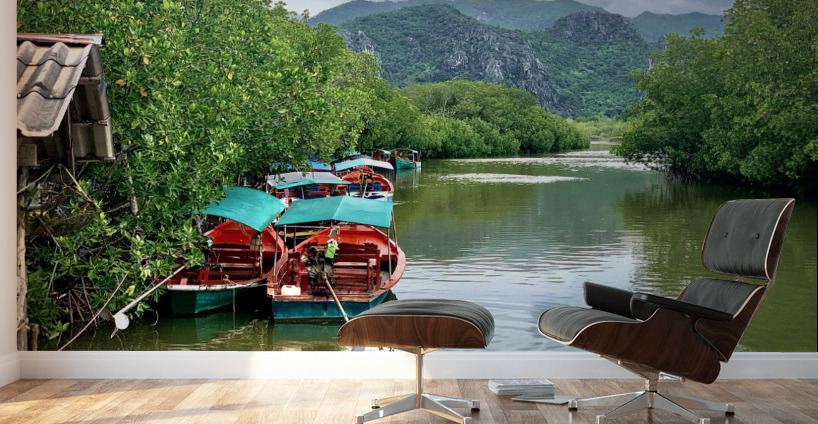 Boats Waiting on the River Wall Murals