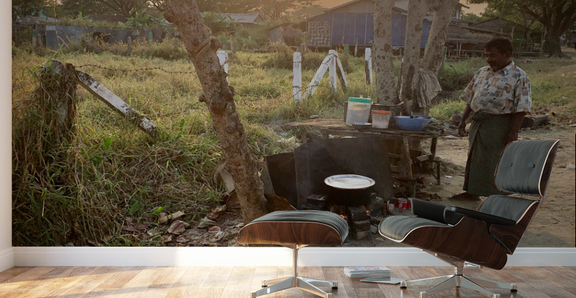 Cooking outside in Myanmar at Sunset Wall Murals