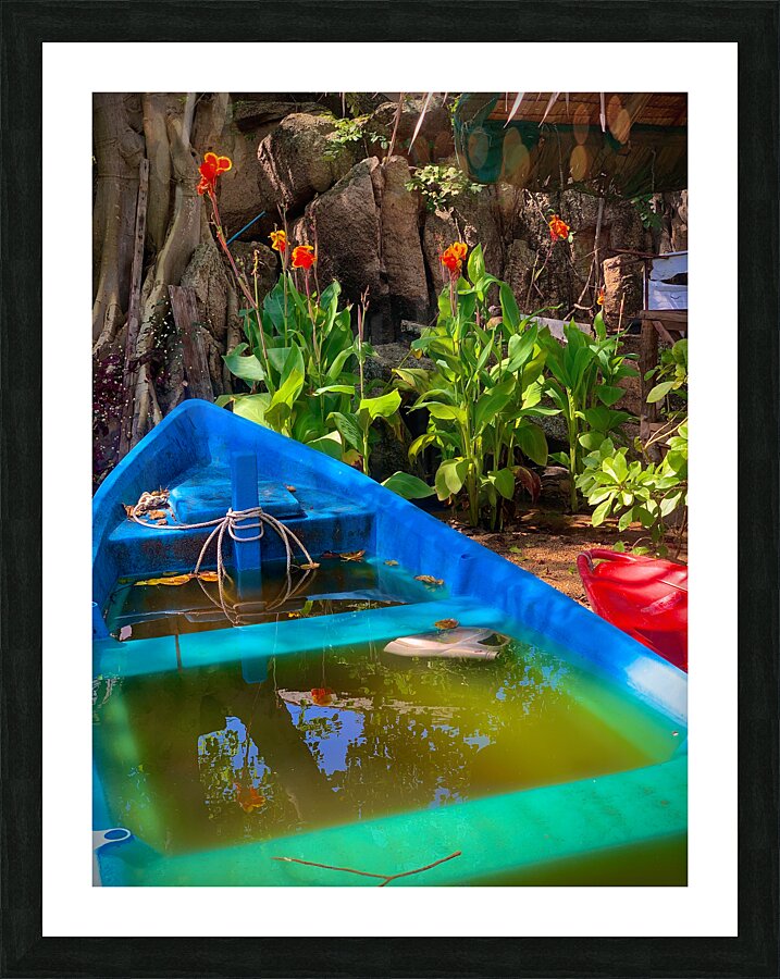 Blue  Green Boat Reflection with Flowers Picture Frame print