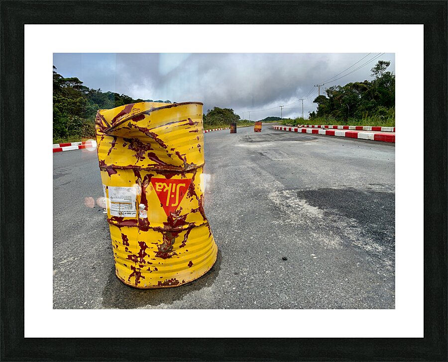 Yellow Barrell on the Road Picture Frame print