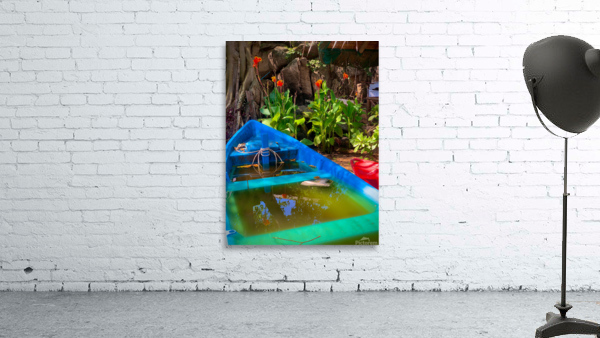 Blue  Green Boat Reflection with Flowers Wall Preview