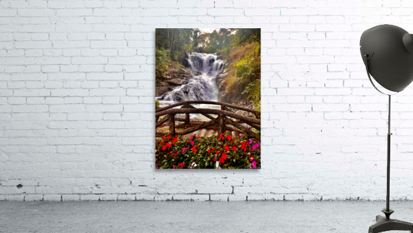 Waterfall and Red Flowers Wall Preview