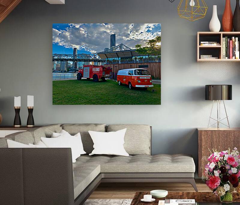 Red Trucks in Front of the Bridge Reproduction