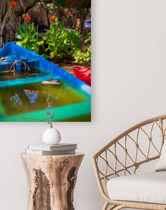 Blue  Green Boat Reflection with Flowers by Jimmy Roy Photos