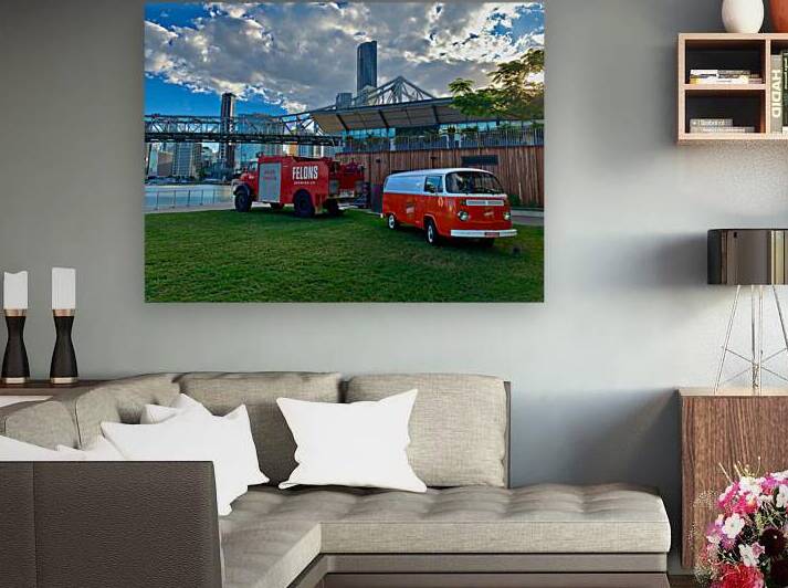 Red Trucks in Front of the Bridge by Jimmy Roy Photos