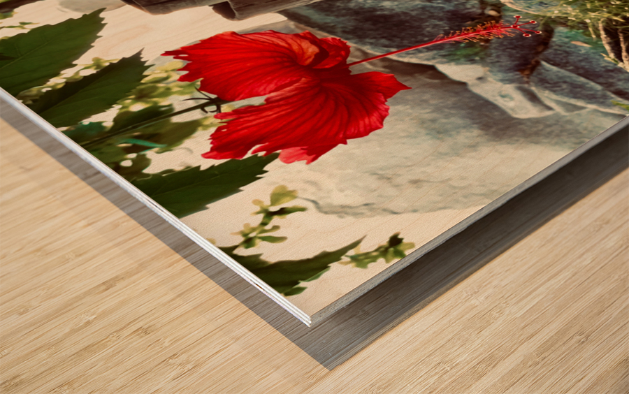 Red Flower & Homemade Lamp in Thailand Wood print